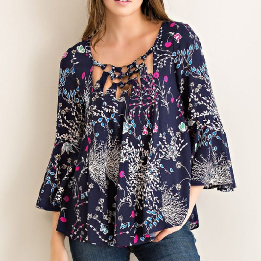 Floral Top With Brass Rings in Navy